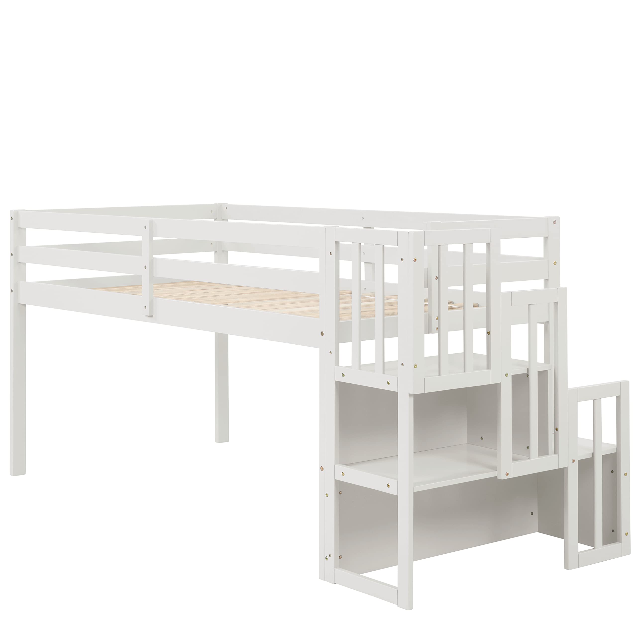 CITYLIGHT Low Loft Bed with Staircase,Twin Size Kids Loft Bed with Step Storage,Wood Loft Bed Frame Twin with Safety Guardrails for Girls, Boys,White