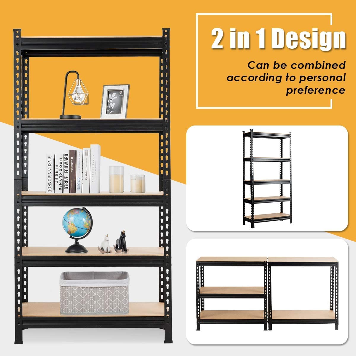 LDAILY 5-Tier Storage Rack, Heavy Duty Steel Shelf Unit with Adjustable Shelves, Boltless Shelving for Free Combination, 60" Commercial Garage Rack Unit (1, Black)