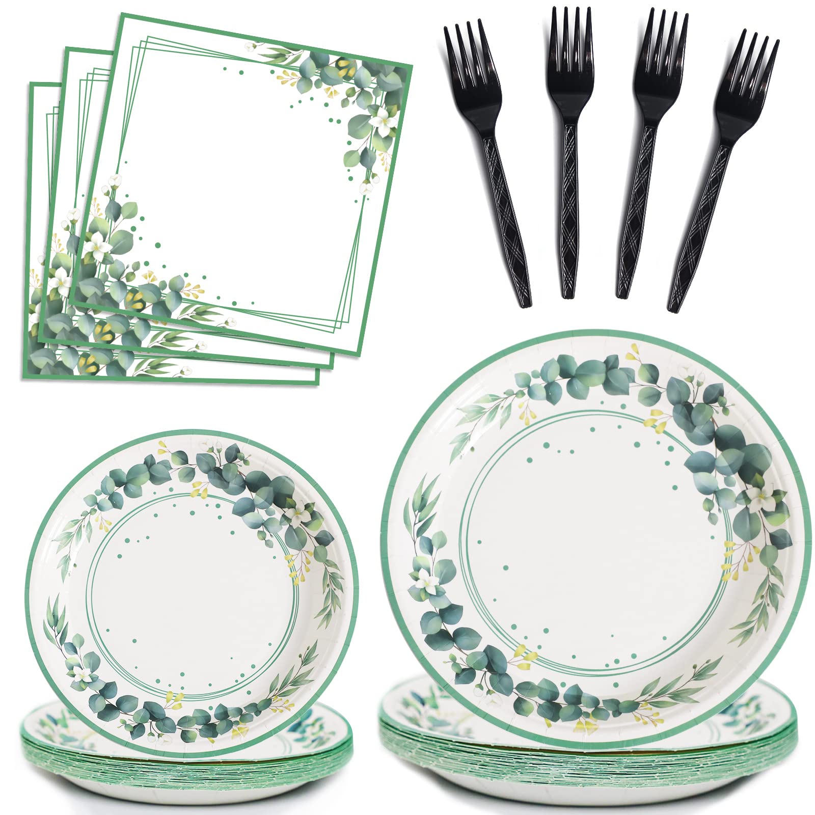 96 Pieces Sage Greenery Party Supplies Tableware Set Eucalyptus Leaf Jungle Theme Party Table Decorations Bridal Baby Shower Safari Birthday Wedding Paper Plates Napkins Forks for 24 Guests