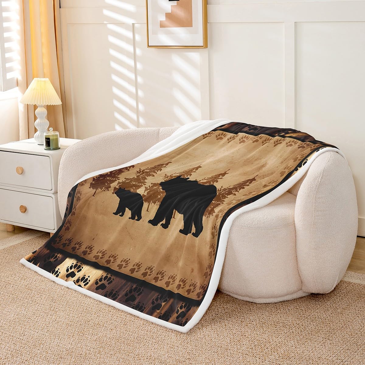 Bear Throw Blanket for Bed Couch Sofa Kids Farmhouse Wild Animal Plush Blanket Retro Bear Family Fleece Sherpa Blanket Brown Bear Paws Bedroom Decor Fuzzy Blanket Twin 60"x80"