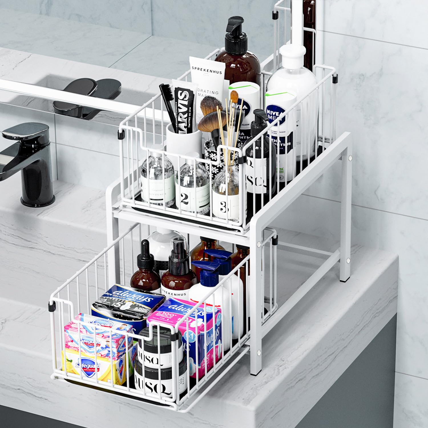 Lxmons 2 Tier Sliding Basket Drawer Organizer, Pull Out Under Sink Cabinets Organizer, Metal Home Organizer Shelf for Bathroom or Kitchen, Sliding Countertop or Pantry Storage shelf, Large White