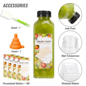 TOMNK 100pcs Plastic Bottles with Caps, 16oz Juice Bottles, Juice Bottles with Caps with Black Caps Juice Bottles with Label, Funnel and Brush Beverage Containers for Juicing, Smoothies, Tea, Milk