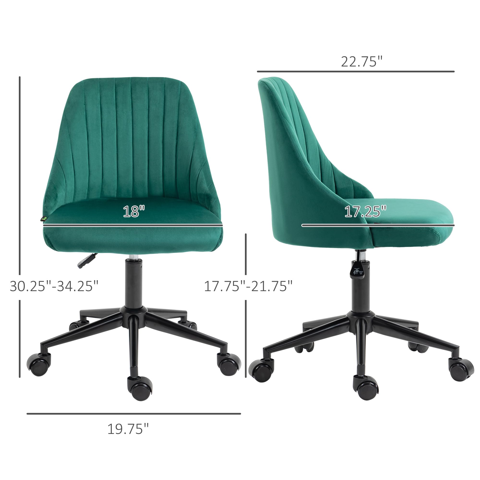 Vinsetto Mid-Back Office Chair, Velvet Fabric Swivel Scallop Shape Computer Desk Chair for Home Office or Bedroom, Green