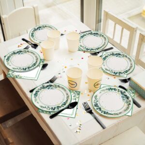 96 Pieces Sage Greenery Party Supplies Tableware Set Eucalyptus Leaf Jungle Theme Party Table Decorations Bridal Baby Shower Safari Birthday Wedding Paper Plates Napkins Forks for 24 Guests