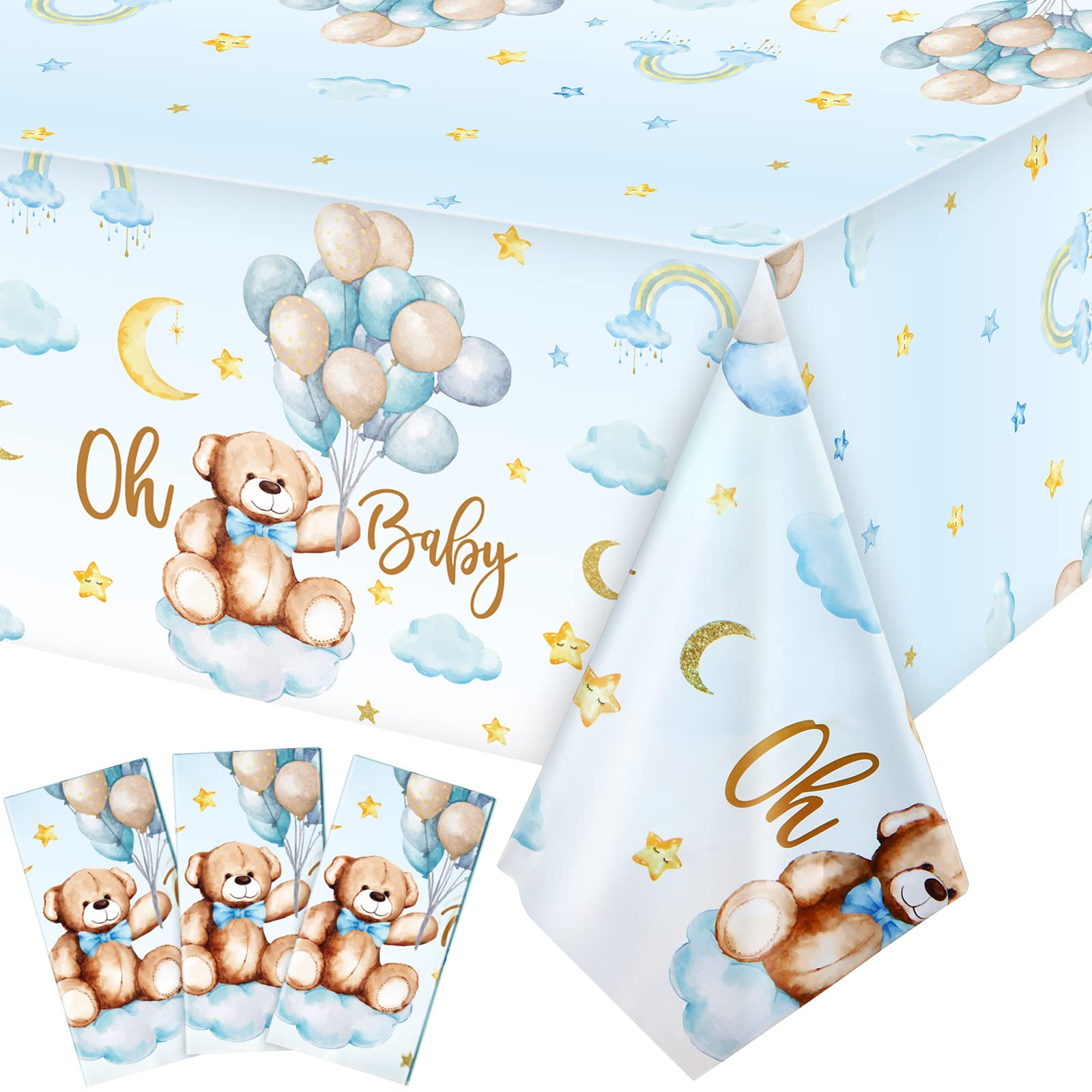 3 Pack Teddy Bear Baby Shower Tablecloth Plastic Table Cover Balloon Bear Rectangle Tablecloth for Boy Girl Gender Reveal Birthday Baby Shower Bear Theme Party Decor, 54 x 108 Inch (Blue)