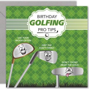 cult kitty birthday golfing tips - funny golf birthday card for men - thick, premium birthday card for men, great golf or golfer card with colourful envelope