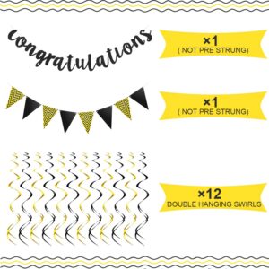 Glitter Congratulations Banner Triangle Flag Banner with 12 Pieces Hanging Swirls for Wedding Retirement Graduation Anniversary Party Decorations (Black, Gold)