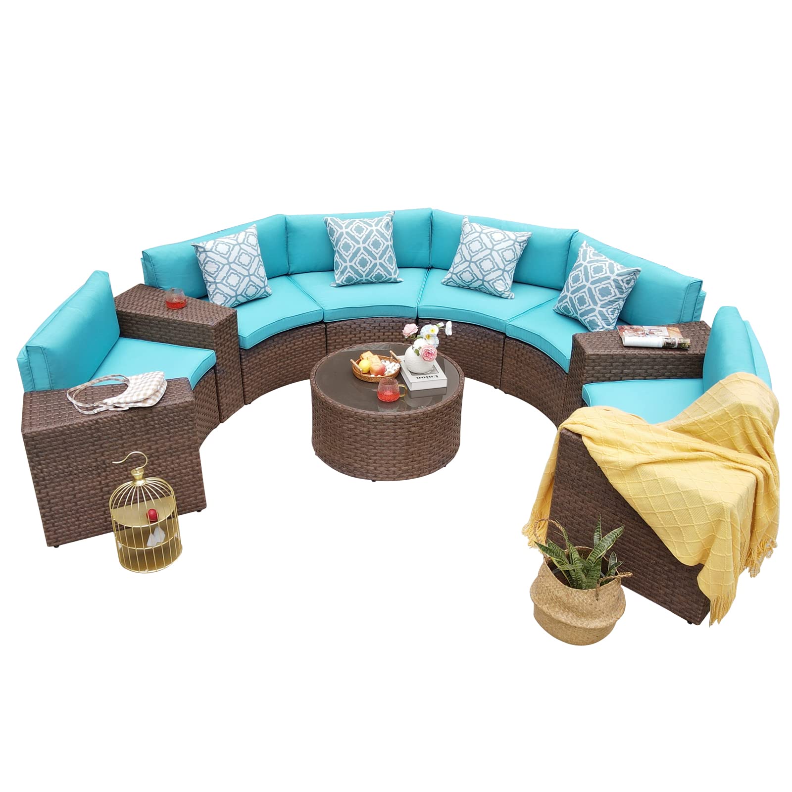 OC Orange-Casual 11 Pieces Sectional Outdoor Furniture, Half-Moon Curved Outdoor Sofa, All-Weather Brown Wicker with Round Coffee Table and Turquoise Cushions (Pillows & Waterproof Cover Included)