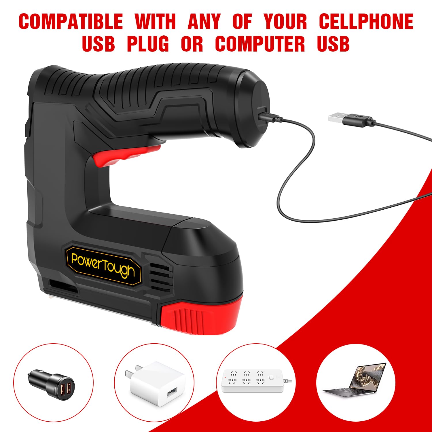 Powertough 4v Electric Cordless Staple Gun 2 in 1 Cordless Stapler, 1.5Ah Battery Powered Nail Gun for Upholstery Crafts, DIY, Including USB Charger Cable 2000pcs Free Staples and Brad Nails