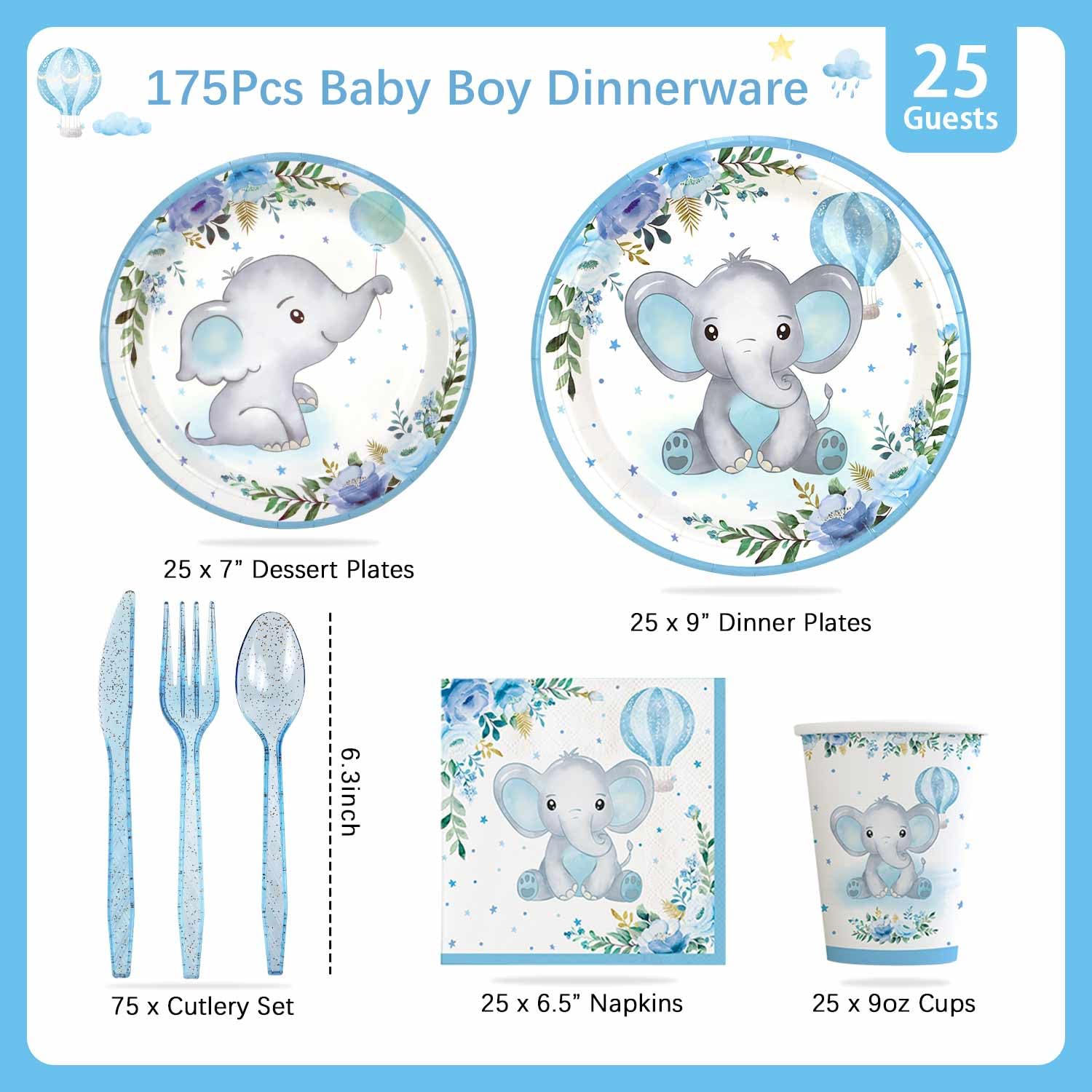 175Pcs Baby Boy Shower Decorations Plates Set for 25 Guests, Elephant Baby Shower Paper Plates Napkins Cups and Utensils Tableware Blue Floral Theme Birthday Party Supplies