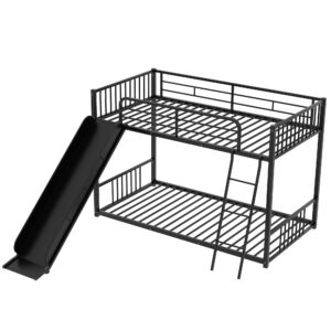 Bellemave Bunk Bed with Slide, Metal Twin Over Twin Bunk Bed with Slide and Ladder, Made of Heavy Duty Steel, for Kids Girls Boys Teens – Black