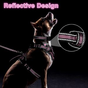 WINSEE Pet Harness Collar and Leash Set, All-in-one Reflective Dog Harness No Pull with Adjustable Buckles for Puppies, Small, Medium, Large, and Extra-Large Dogs (Large, Pink)