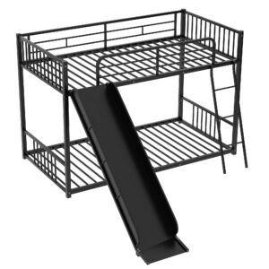 Bellemave Bunk Bed with Slide, Metal Twin Over Twin Bunk Bed with Slide and Ladder, Made of Heavy Duty Steel, for Kids Girls Boys Teens – Black