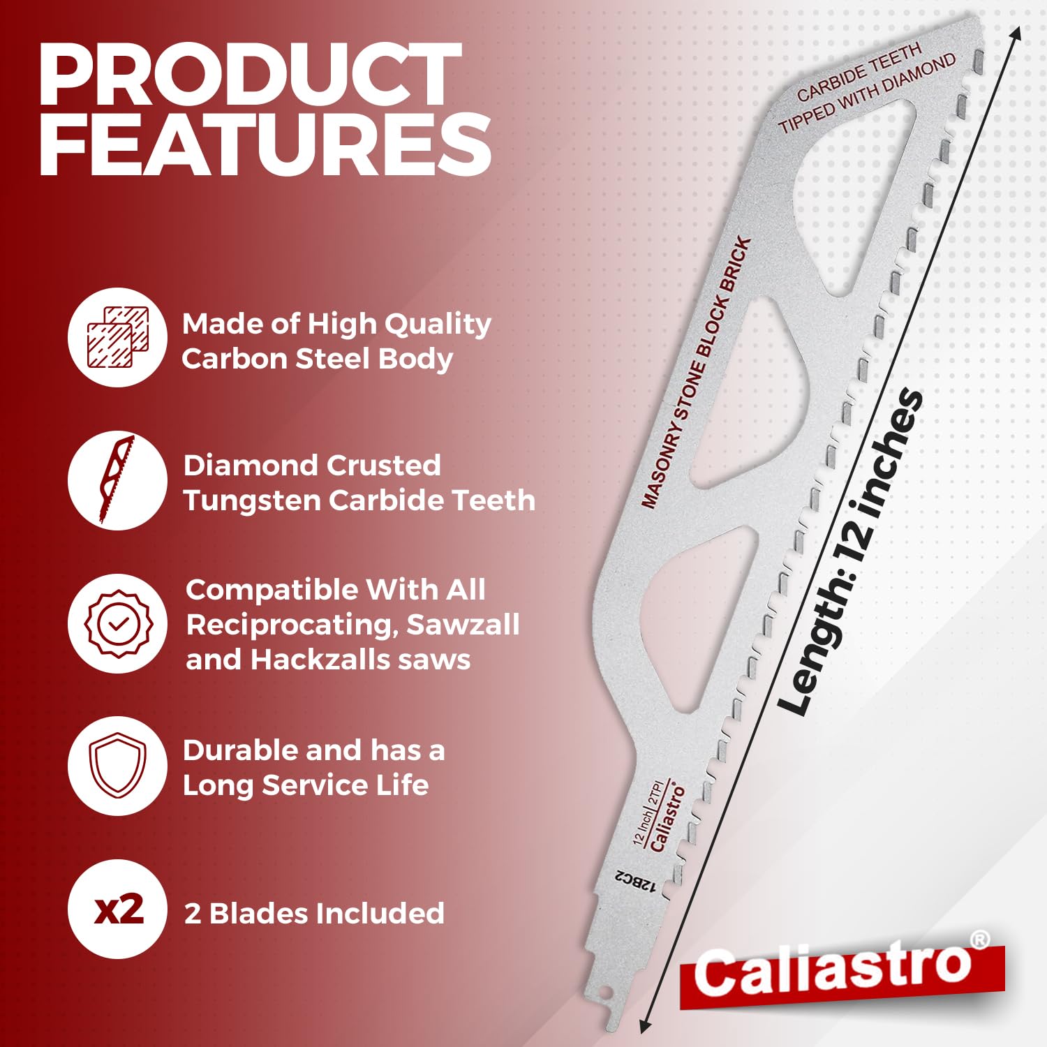 Caliastro 12-Inch Brick, Masonry, Porous Concrete, Engineered Stone Cutting Reciprocating Saw Blade - 2 Pack