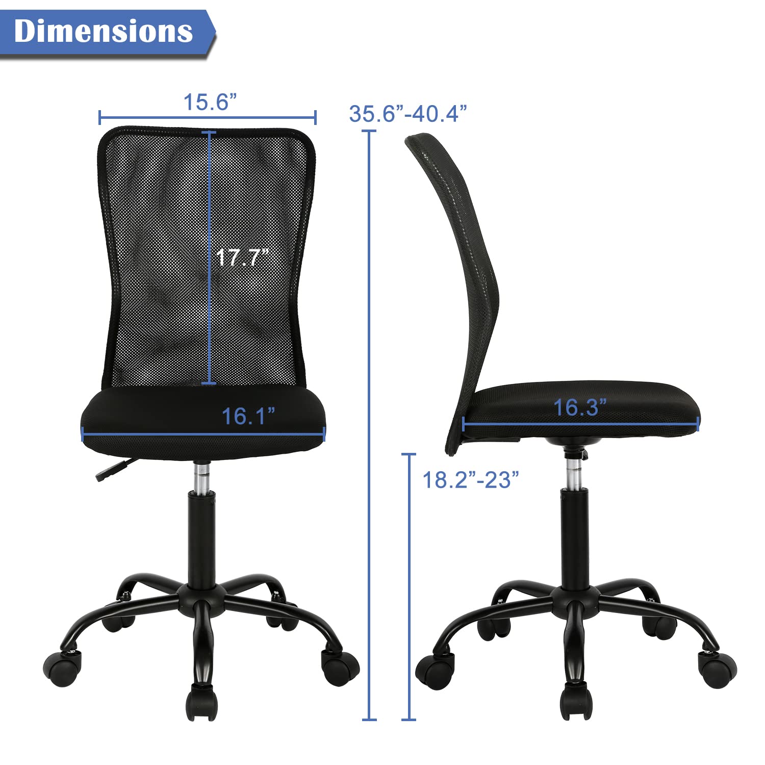 Small Office Chair, Armless Desk Chair with Wheels, Ergonomic Computer Chair with Lumbar Support, Mid Back Mesh Rolling Swivel Task Chair for Small Spaces Black