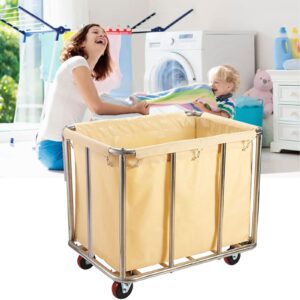 Commercial Laundry Cart with Wheels, 11.35 Bushels Large Laundry Roller with Removable Waterproof Canvas Lined Basket, Heavy Duty Stainless Steel Laundry Basket for Hotels and Hospitals