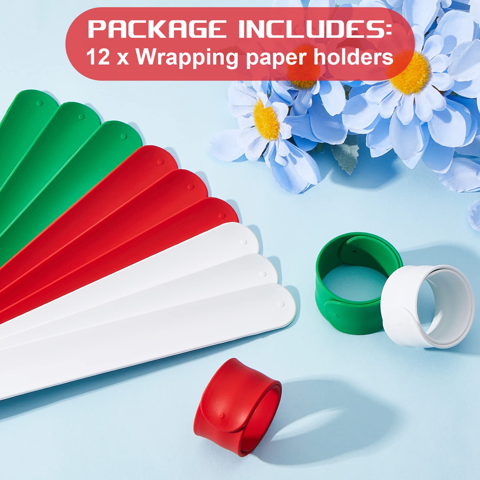 Charniol 12 Pieces Wrapping Paper Roll Holder Holiday Flip Wraps Silicone Covered Metal Strips Flip 1 x 9 Inch Poster Paper Roll Holder Stabilizer Slap Bands for Storage Organization White Red Green