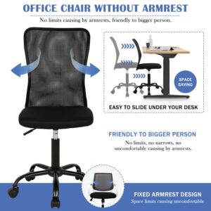 Small Office Chair, Armless Desk Chair with Wheels, Ergonomic Computer Chair with Lumbar Support, Mid Back Mesh Rolling Swivel Task Chair for Small Spaces Black