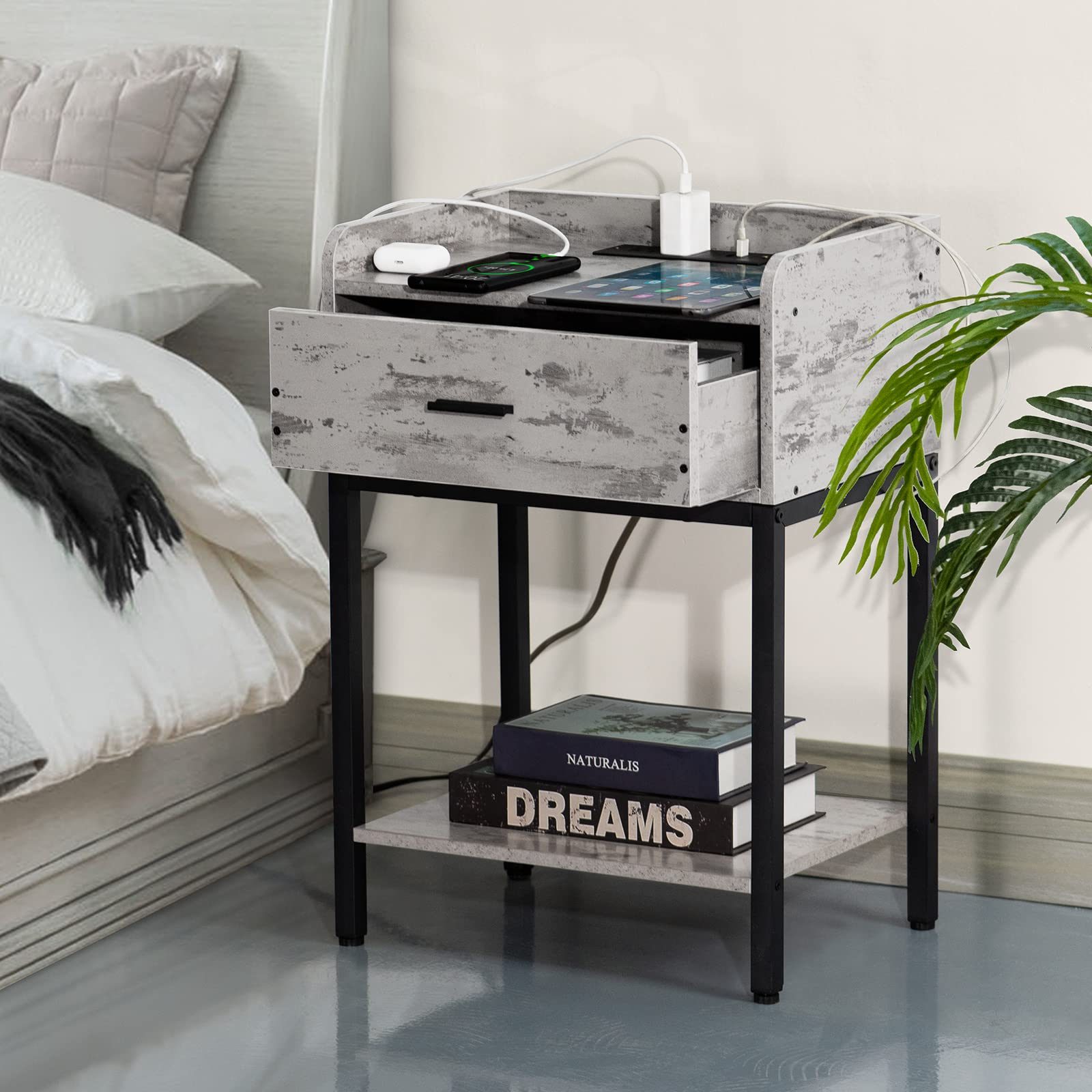 Lerliuo Nightstand with Charging Station and USB Ports, 3-Tier End Side Table with Storage Drawer and Shelf, Modern Bedside Night Stand for Bedroom, Living Room-Retro Grey