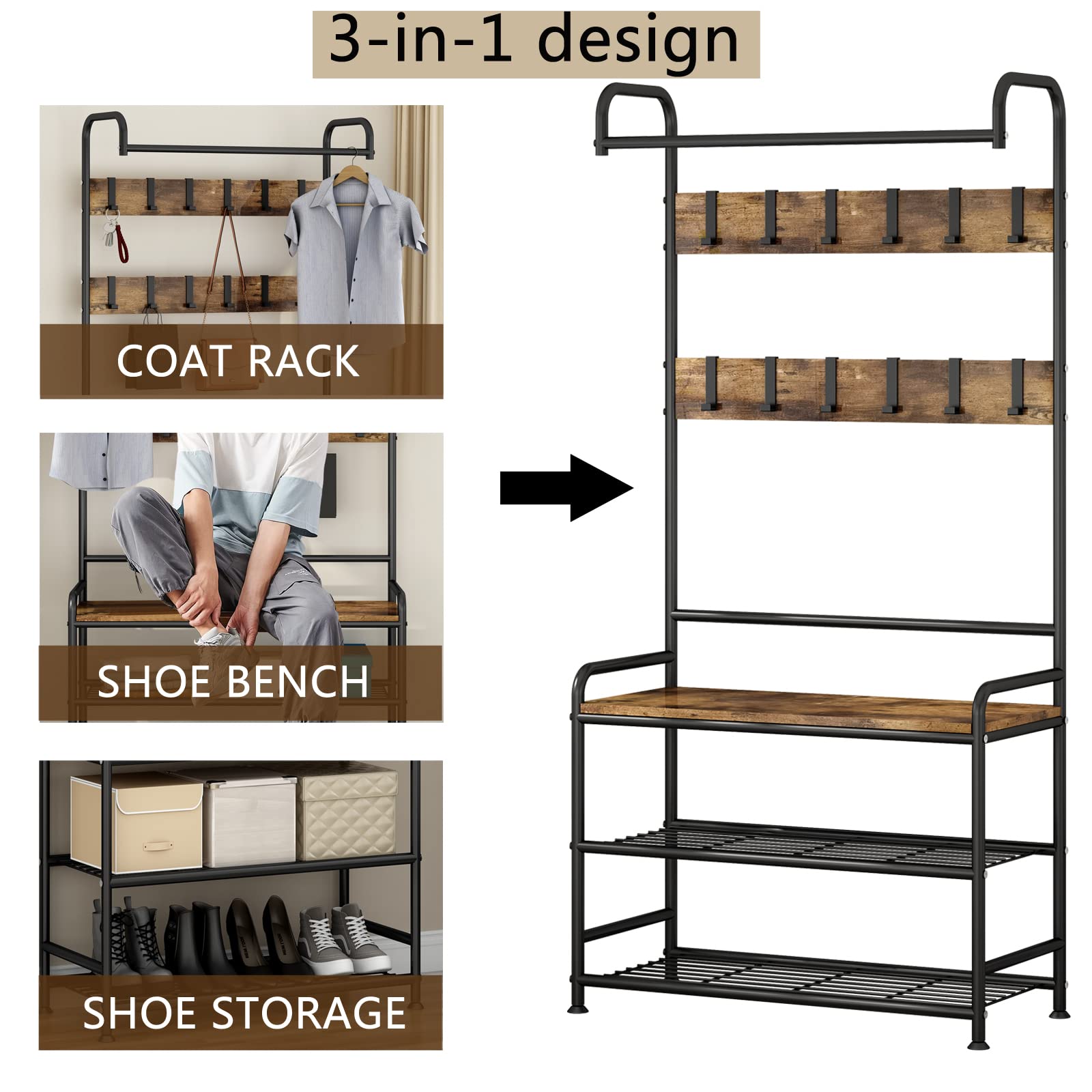 LINZINAR Coat Rack Shoe Bench 3-in-1 Hall Tree with Bench and Shoe Storage for Entryway Heavy Duty MDF Stand Coat Rack Industrial Accent Furniture with Metal Frame, Black (Rustic Black)