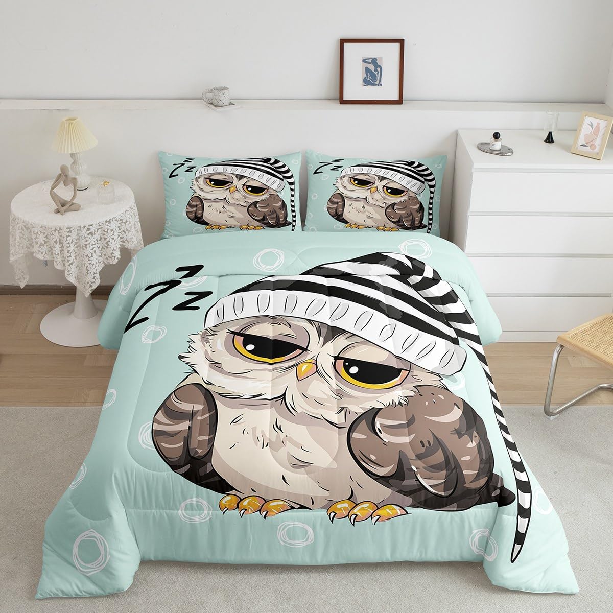 Owl Sherpa Comforter Set Queen,Sleeping Sign Bedding Set 3pcs for Kids Teens Girls Room Decor,Contemporary Style Quilt Set Romantic Duvet Insert with 2 Pillowcases,Light Green