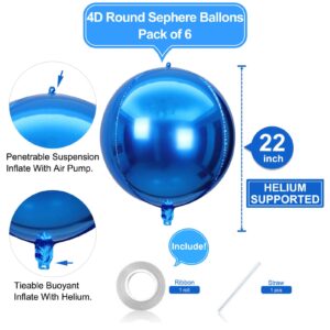 6 Pack Blue Balloons 22 Inch 4D Big Round Foil Balloons Blue Metallic Balloons for Wedding Birthday Bridal Shower Baby Shower Decorations Party Supplies