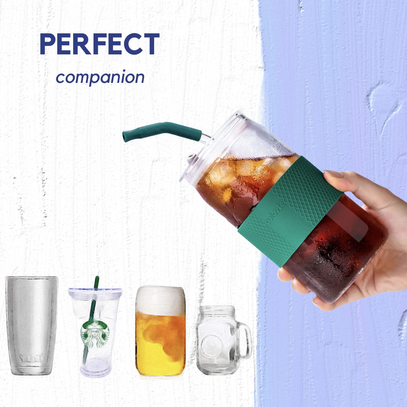 ColoVie Reusable Glass Drinking Straws 6 Straight + Silicone Tips with Curved Bend 6 Pack(BPA Free, Food grade, Non-Rubber) + Cleaning Brush 2 Pack, Clear, Safe, Durable, Stirring, for Tumbler