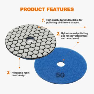 BRSCHNITT Dry Diamond Polishing Pad Set,7pcs 4 inch #50 for Stone Marble Quartz Granite Sanding Disc Countertop Polish Polisher Pads Kit Tools used on Grinder or Polisher