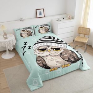 Owl Sherpa Comforter Set Queen,Sleeping Sign Bedding Set 3pcs for Kids Teens Girls Room Decor,Contemporary Style Quilt Set Romantic Duvet Insert with 2 Pillowcases,Light Green