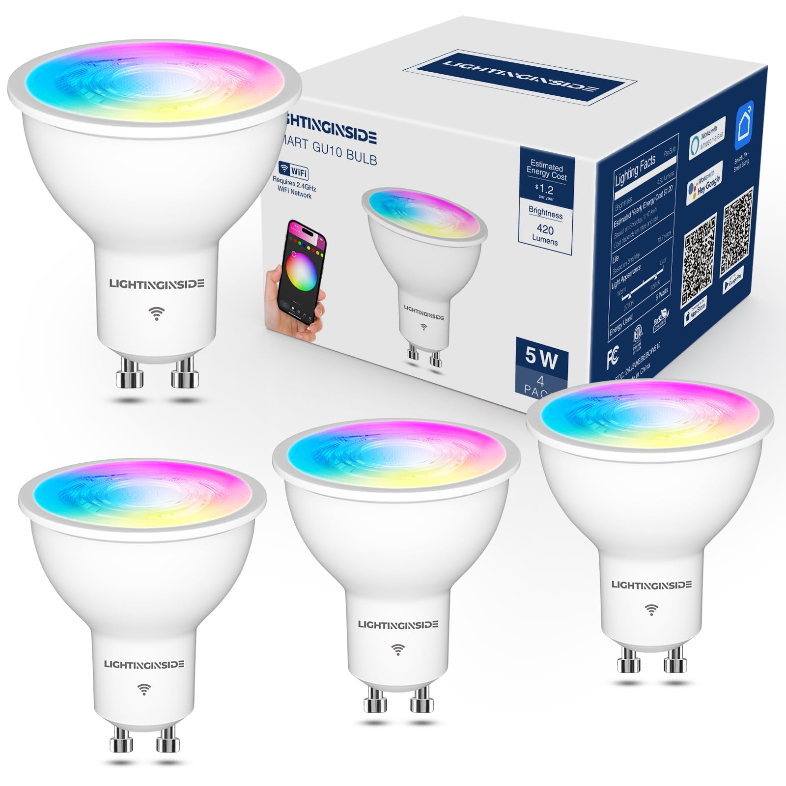 Lightinginside GU10 Smart Light Bulbs 50W Equivalent, 38°Beam Angle, Smart Bulb Compatible with Alexa/Google Assistant/Smart Life, 5W 420LM, RGBCW Spotlight Track Light, 2.4GHz WiFi, ETL Listed, 4PCS