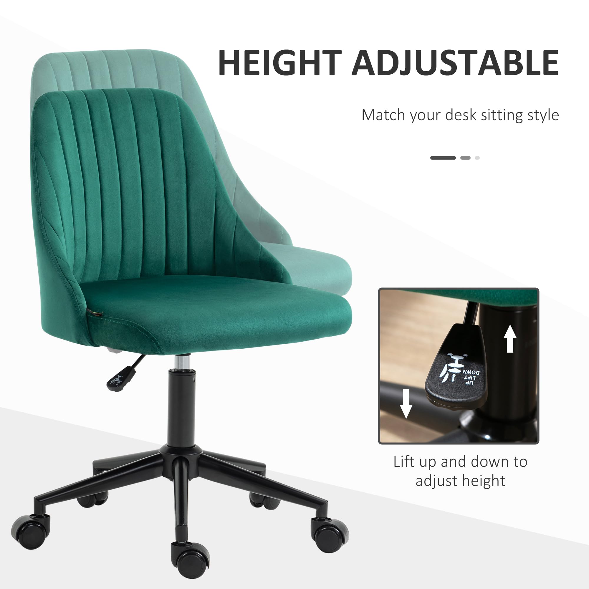 Vinsetto Mid-Back Office Chair, Velvet Fabric Swivel Scallop Shape Computer Desk Chair for Home Office or Bedroom, Green