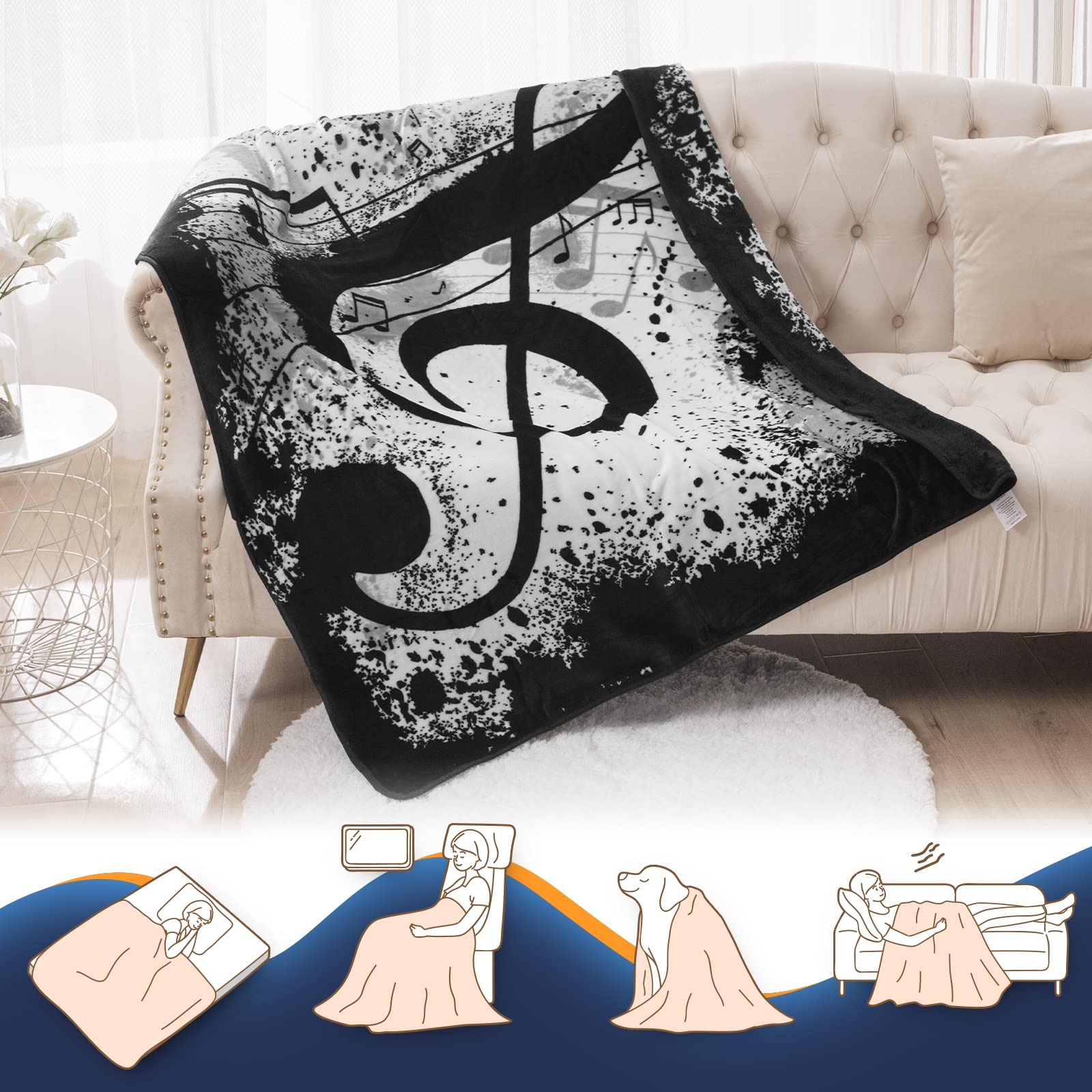 Throw Blankets Music Note Gift, Double-Sided Premium Soft Blanket for Adult Kids, Lightweight Cozy Flannel Musical Gifts Blanket for Bed Sofa Home Office Arts Decor (White and Black) 50x60 inch