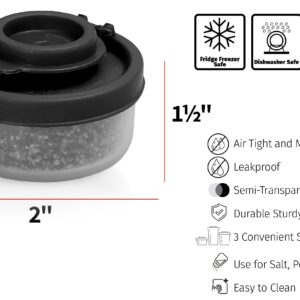 SIGNORAWARE Salt and Pepper Shakers Moisture Proof Set of 2 Small Mini Salt Shaker to go Camping Picnic Outdoors Kitchen Lunch Boxes Travel Spice set Clear with Black Covers Plastic Airtight Dispenser