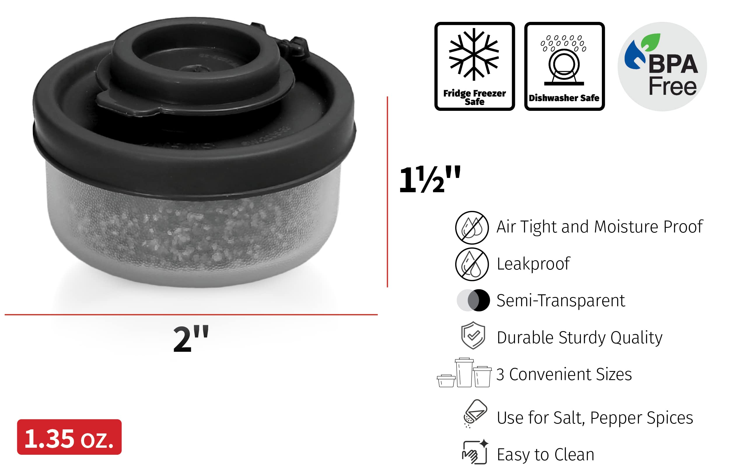 SIGNORAWARE Salt and Pepper Shakers Moisture Proof Set of 2 Small Mini Salt Shaker to go Camping Picnic Outdoors Kitchen Lunch Boxes Travel Spice set Clear with Black Covers Plastic Airtight Dispenser