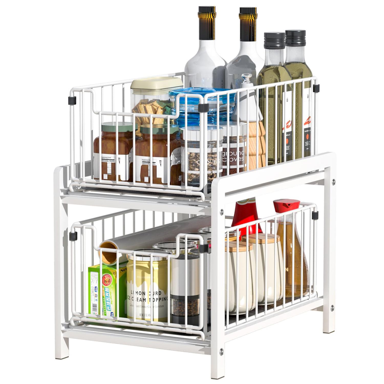 Lxmons 2 Tier Sliding Basket Drawer Organizer, Pull Out Under Sink Cabinets Organizer, Metal Home Organizer Shelf for Bathroom or Kitchen, Sliding Countertop or Pantry Storage shelf, Large White