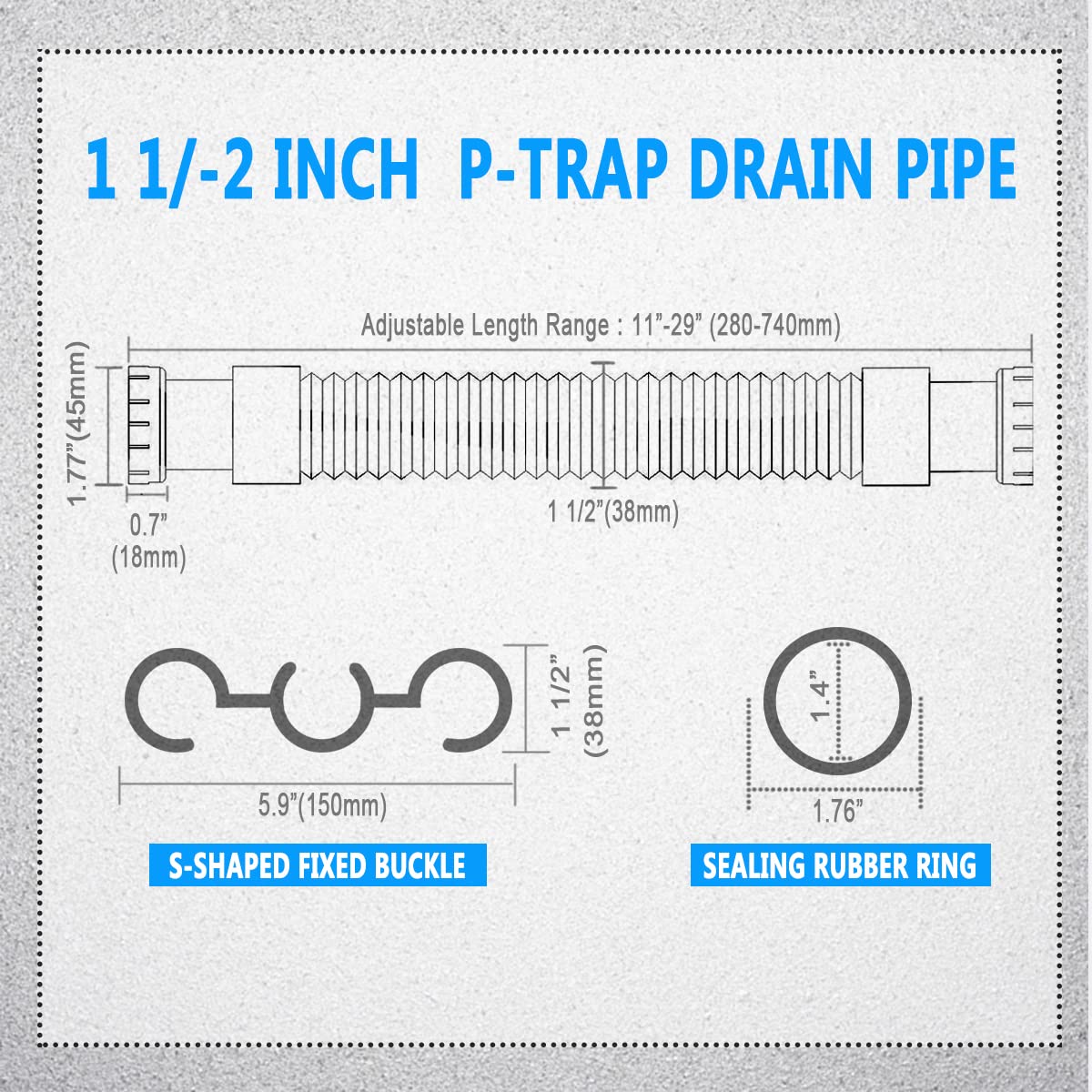 Cinsda Flexible Sink Drain Pipe, 1-1/2 P-trap with Adapter, Expandable Tubular Drain Tubing Pipe, Adjustable P Trap for Kitchen Sink Drain & Garbage Disposal