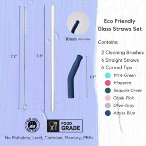 ColoVie Reusable Glass Drinking Straws 6 Straight + Silicone Tips with Curved Bend 6 Pack(BPA Free, Food grade, Non-Rubber) + Cleaning Brush 2 Pack, Clear, Safe, Durable, Stirring, for Tumbler