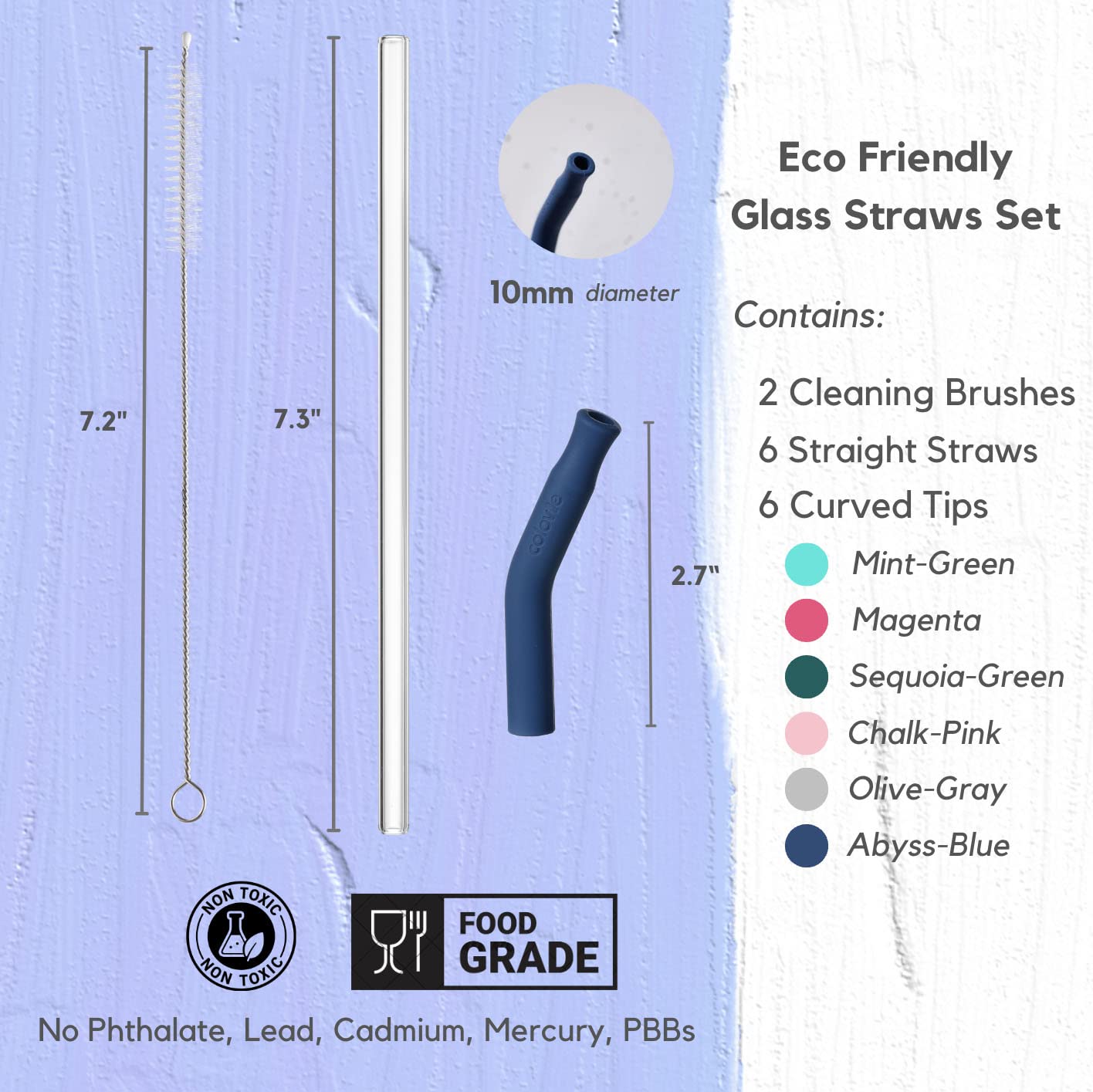 ColoVie Reusable Glass Drinking Straws 6 Straight + Silicone Tips with Curved Bend 6 Pack(BPA Free, Food grade, Non-Rubber) + Cleaning Brush 2 Pack, Clear, Safe, Durable, Stirring, for Tumbler