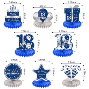 Kauayurk 8Pcs 18th Birthday Decorations Table Centerpiece Party Supplies, Blue Silver Happy 18 Year Old Birthday Honeycomb Centerpieces, Eighteen Birthday Table Topper Decor