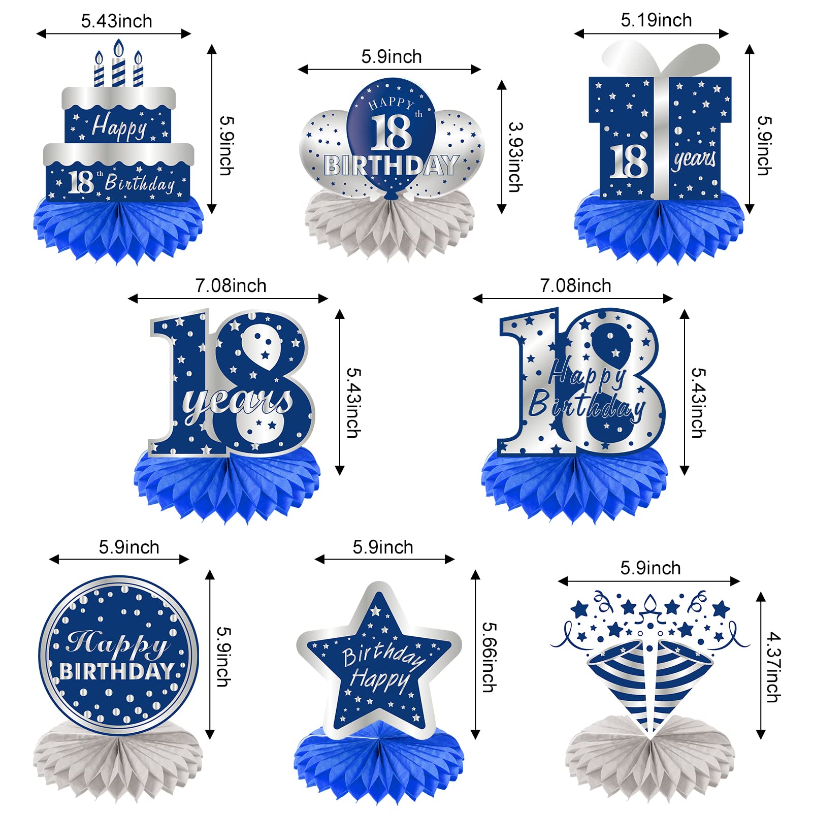 Kauayurk 8Pcs 18th Birthday Decorations Table Centerpiece Party Supplies, Blue Silver Happy 18 Year Old Birthday Honeycomb Centerpieces, Eighteen Birthday Table Topper Decor