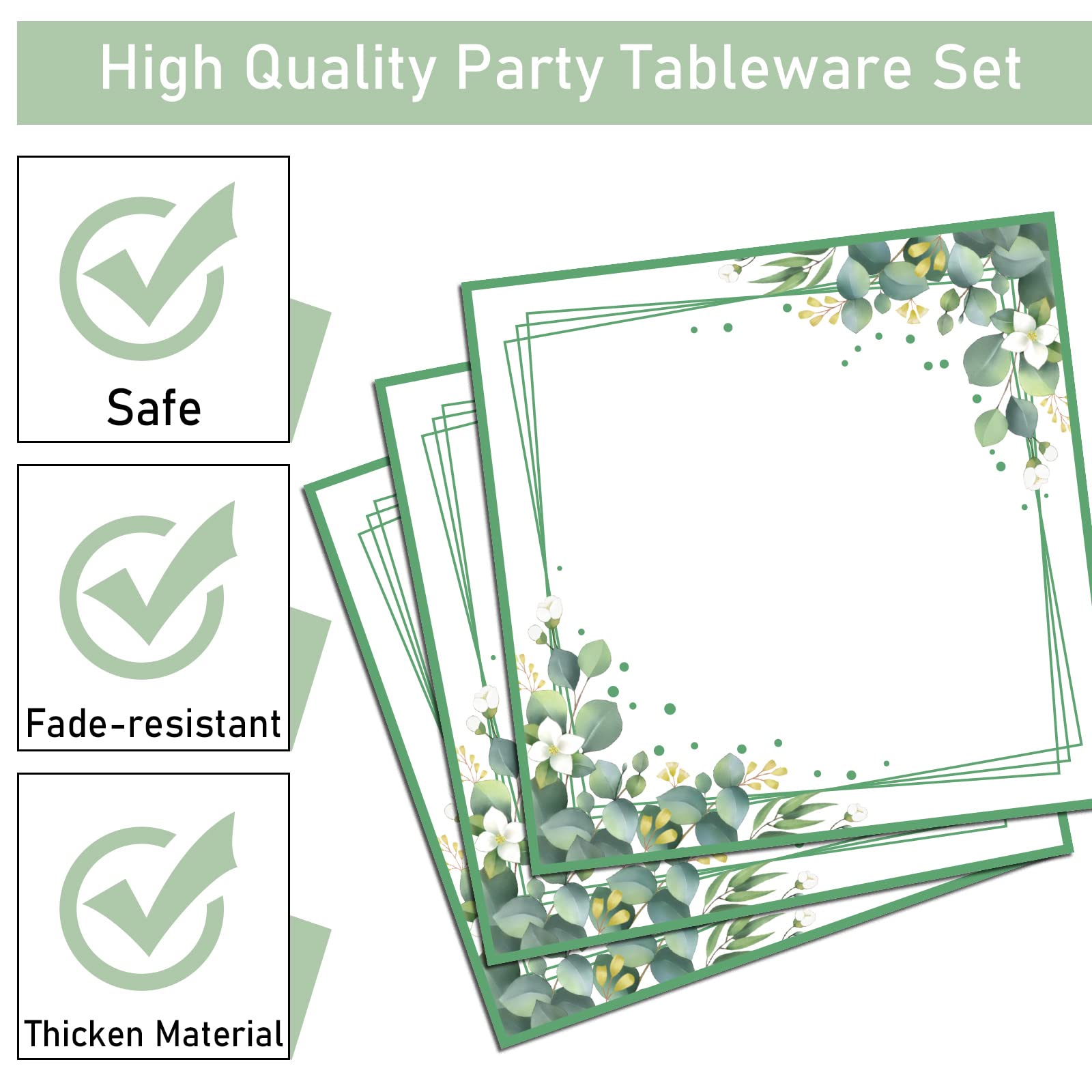 96 Pieces Sage Greenery Party Supplies Tableware Set Eucalyptus Leaf Jungle Theme Party Table Decorations Bridal Baby Shower Safari Birthday Wedding Paper Plates Napkins Forks for 24 Guests