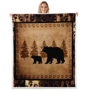 bear throw blanket for bed couch sofa kids farmhouse wild animal plush blanket retro bear family fleece sherpa blanket brown bear paws bedroom decor fuzzy blanket twin 60"x80"