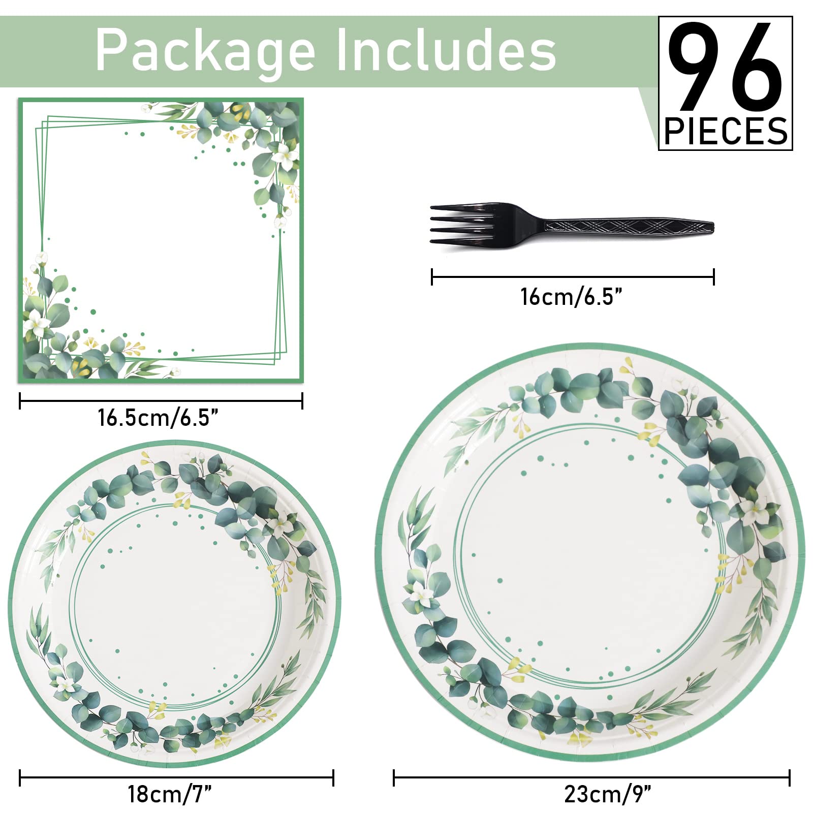 96 Pieces Sage Greenery Party Supplies Tableware Set Eucalyptus Leaf Jungle Theme Party Table Decorations Bridal Baby Shower Safari Birthday Wedding Paper Plates Napkins Forks for 24 Guests