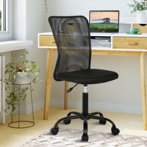 small office chair, armless desk chair with wheels, ergonomic computer chair with lumbar support, mid back mesh rolling swivel task chair for small spaces black