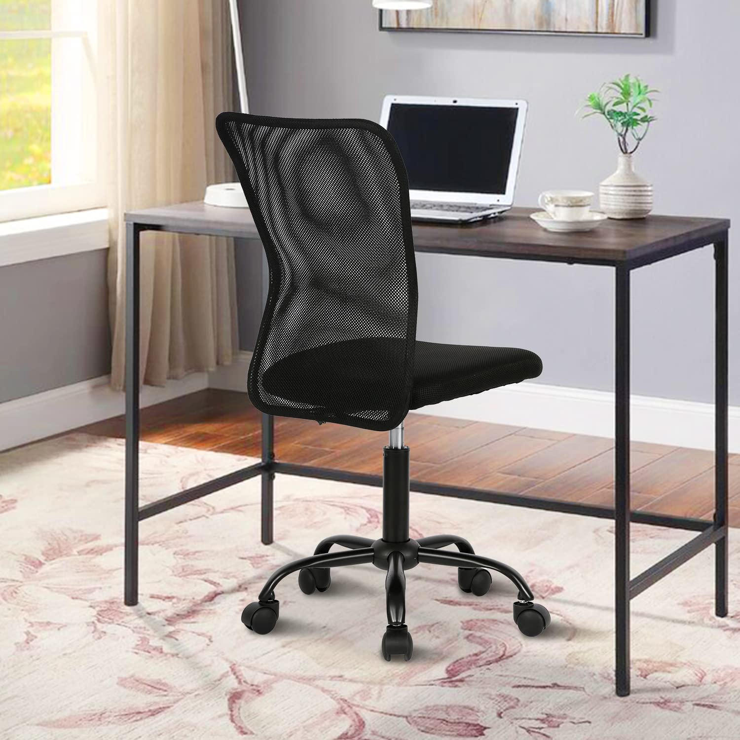 Small Office Chair, Armless Desk Chair with Wheels, Ergonomic Computer Chair with Lumbar Support, Mid Back Mesh Rolling Swivel Task Chair for Small Spaces Black