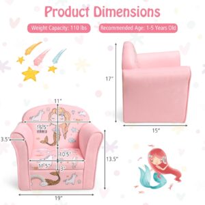 Fireflowery Kid's Sofa, Children Armrest Chair w/Cartoon Pattern & High Back, High-Resilience Sponge Cushion, Lightweight Toddler Furniture for Girls (Pink, Mermaid)