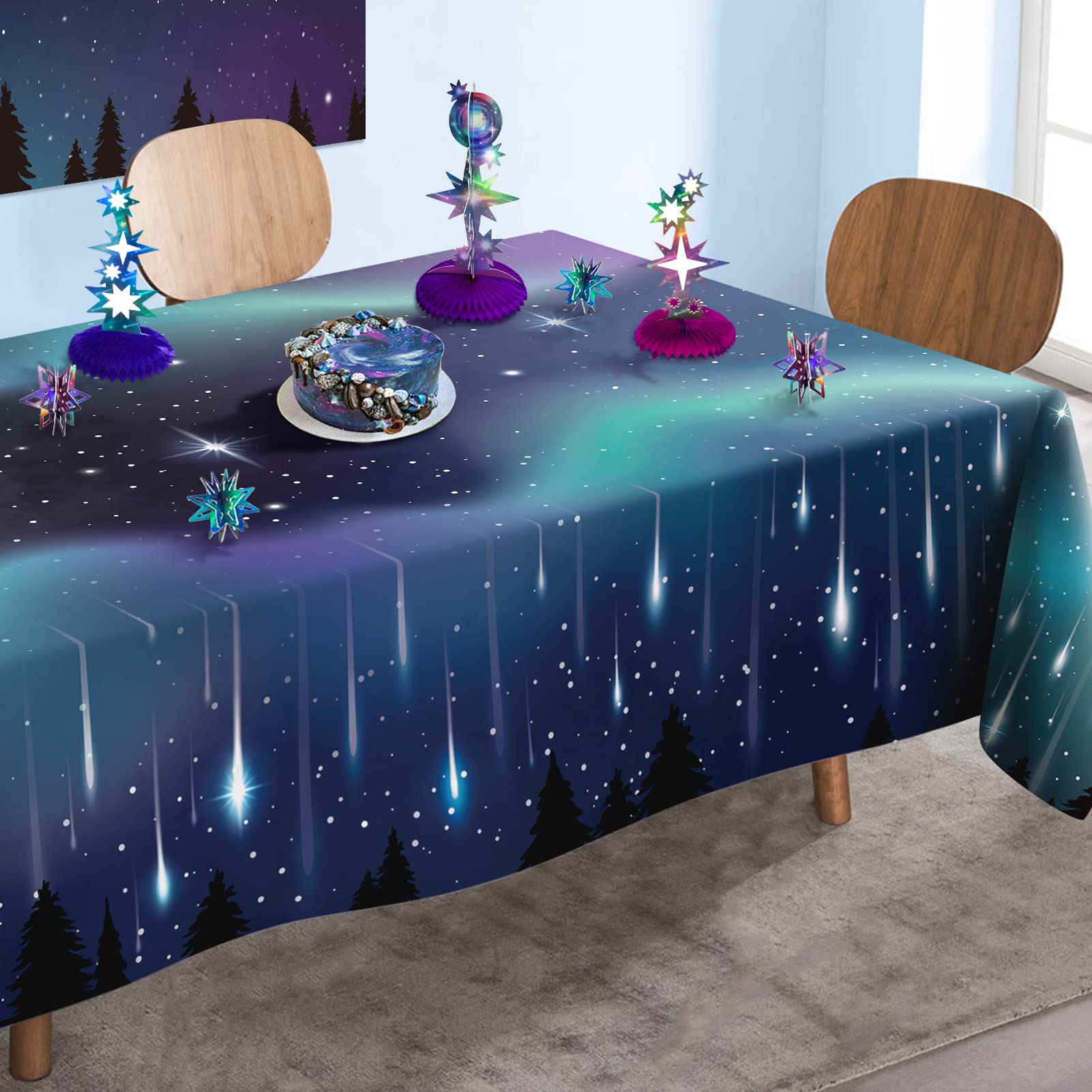 9x5Ft Galaxy Aurora Shooting Star PartyTablecloths Starry Night Tablecovers Twinkle Star Celestial Outer Space Celestial Meteor Theme Decoration for Birthday Wedding Baby Shower Party Supplies