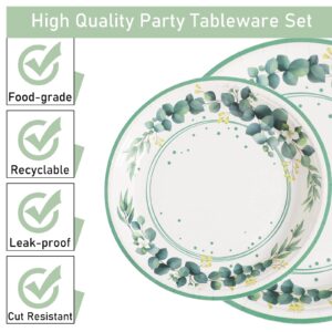 96 Pieces Sage Greenery Party Supplies Tableware Set Eucalyptus Leaf Jungle Theme Party Table Decorations Bridal Baby Shower Safari Birthday Wedding Paper Plates Napkins Forks for 24 Guests