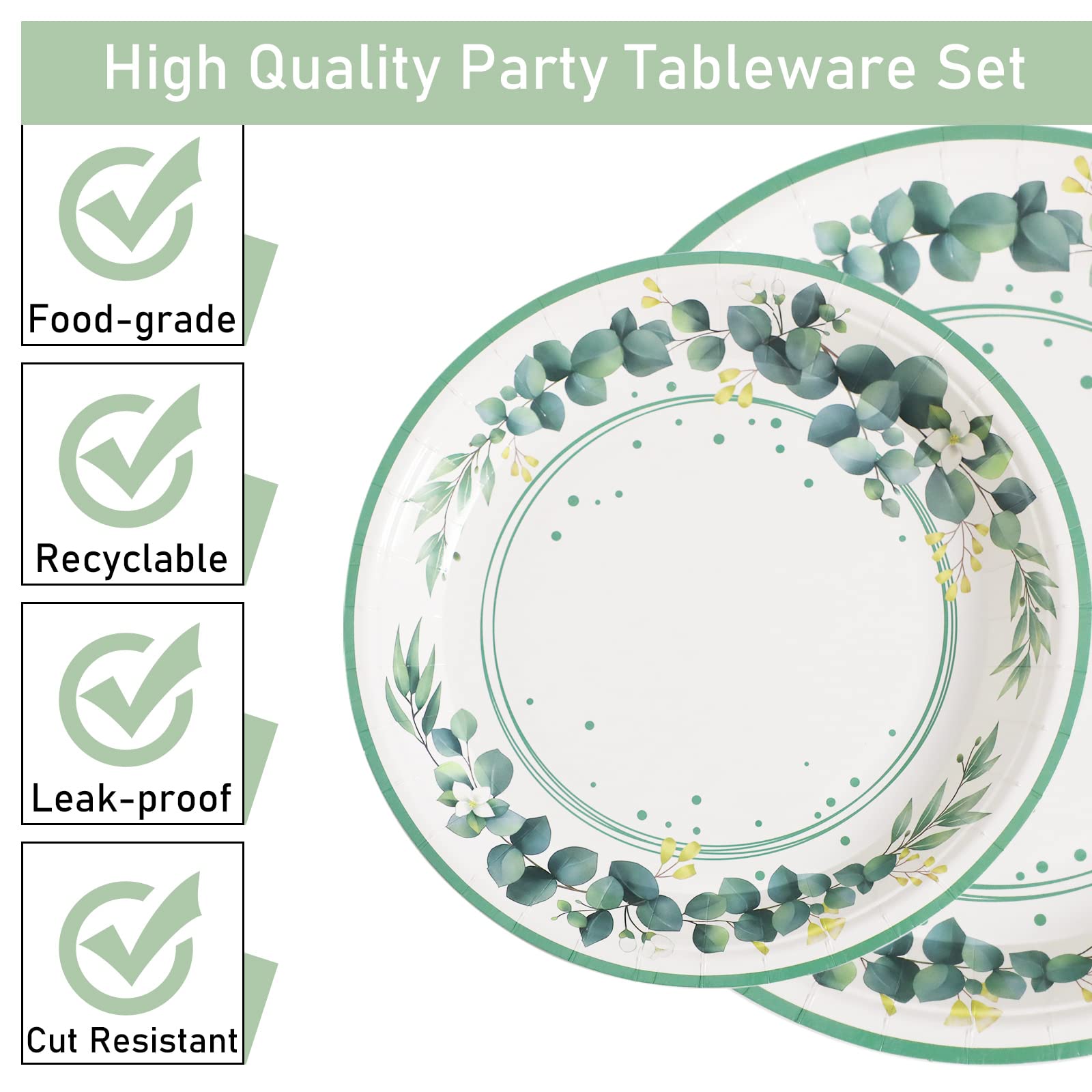 96 Pieces Sage Greenery Party Supplies Tableware Set Eucalyptus Leaf Jungle Theme Party Table Decorations Bridal Baby Shower Safari Birthday Wedding Paper Plates Napkins Forks for 24 Guests