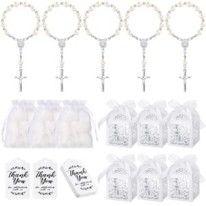 mtlee 100 pieces baptism favors set includes 25 mini rosary baptism favors 25 baptism favor boxes 25 white organza bags with drawstring 25 thank tags for baby shower christian gifts (silver)